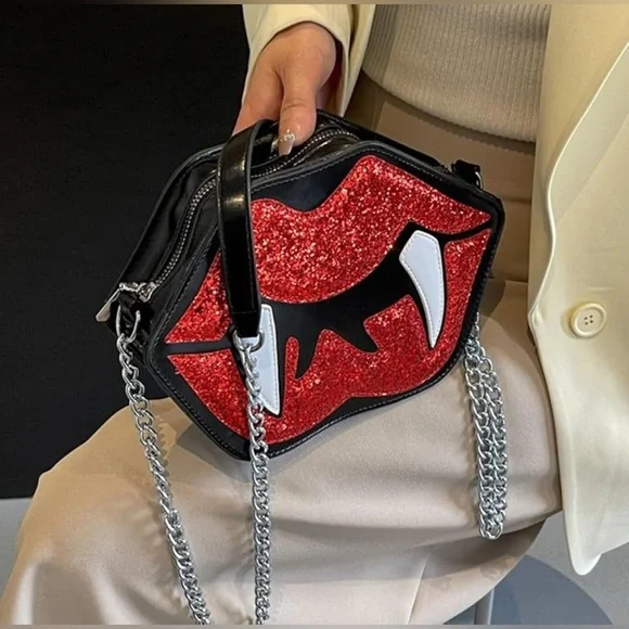Vampire Lips Women Sequined PU Leather Shoulder Bag NWT​ - Picture 4 of 6